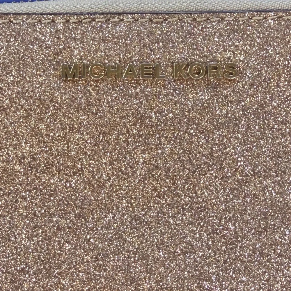 Michael Kors Wallet Rose Gold Glitter Zip Around Continental Wristlet Large Glam